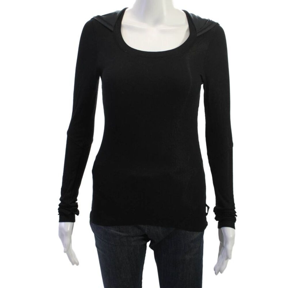 Splits59 Women Pullover Hoodie Black Polyester Long Sleeve Round Neck Size M